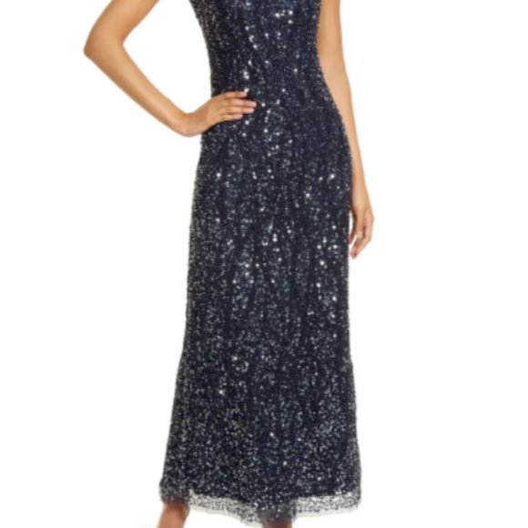 PISARRO NIGHTS SEQUIN & BEAD SLEEVELESS NAVY DRESS  sz 12 - Picture 6 of 9